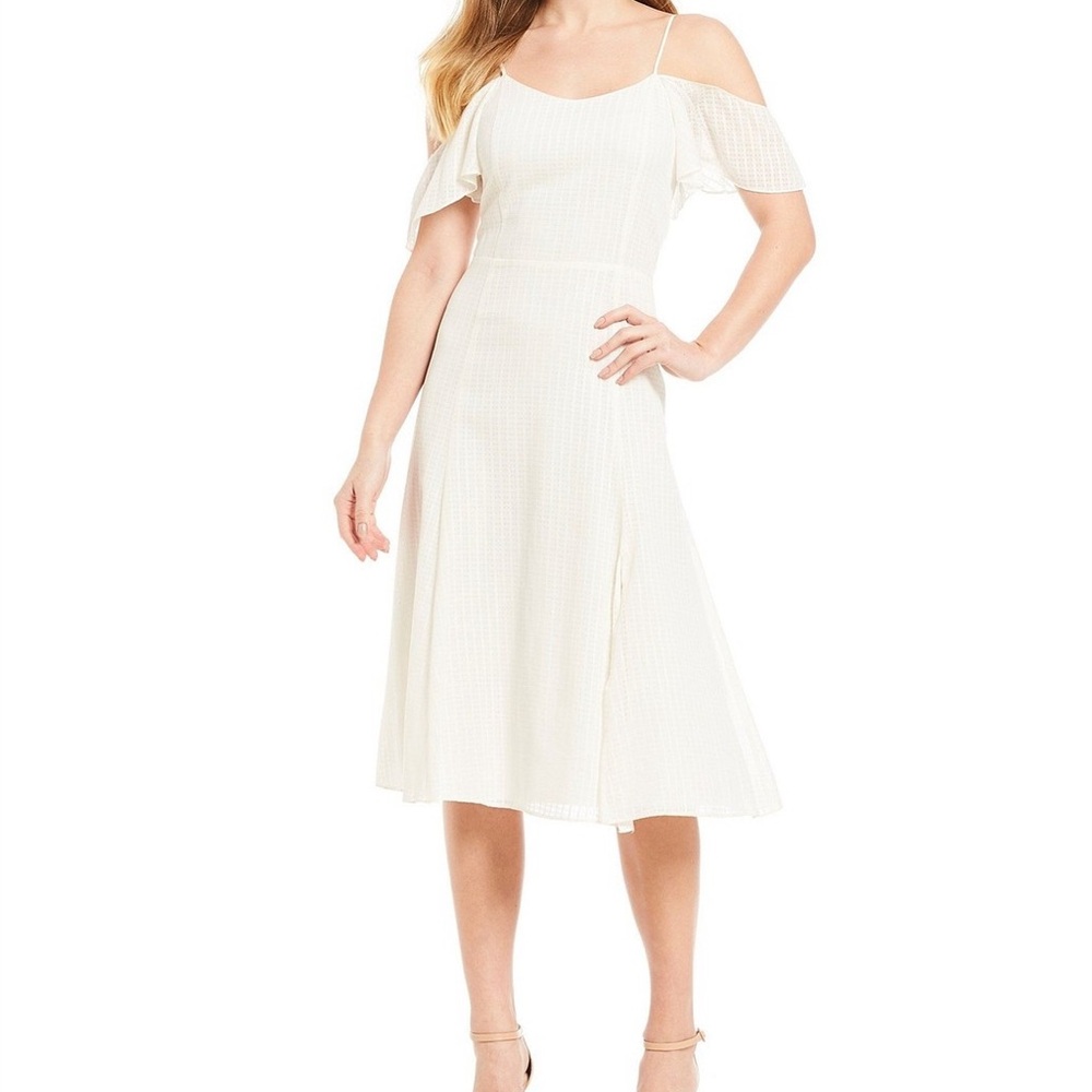 Halston Heritage Cream Cold-Shoulder Midi Dress